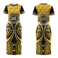 Aotearoa Ngati Whatua Personalised Family Matching Short Sleeve Bodycon Dress and Hawaiian Shirt Maori Iwi Poutama Puhoro Tattoo LT14 Mom's Dress Yellow - Polynesian Pride