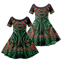 Aotearoa Ngai Tuhoe Personalised Family Matching Off The Shoulder Long Sleeve Dress and Hawaiian Shirt Maori Iwi Poutama Puhoro Tattoo LT14 Daughter's Dress Green - Polynesian Pride