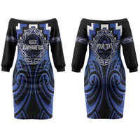 Aotearoa Ngati Tuwharetoa Personalised Family Matching Off The Shoulder Long Sleeve Dress and Hawaiian Shirt Maori Iwi Poutama Puhoro Tattoo LT14 Mom's Dress Blue - Polynesian Pride
