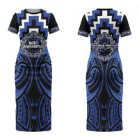 Aotearoa Ngati Tuwharetoa Personalised Family Matching Short Sleeve Bodycon Dress and Hawaiian Shirt Maori Iwi Poutama Puhoro Tattoo LT14 Mom's Dress Blue - Polynesian Pride