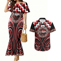 Aotearoa Te Arawa Personalised Couples Matching Mermaid Dress and Hawaiian Shirt Maori Iwi Poutama Puhoro Tattoo LT14 Red - Polynesian Pride