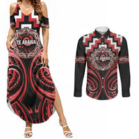 Aotearoa Te Arawa Personalised Couples Matching Summer Maxi Dress and Long Sleeve Button Shirt Maori Iwi Poutama Puhoro Tattoo LT14 Red - Polynesian Pride