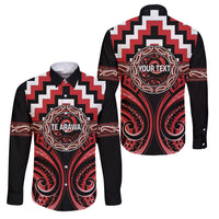 Aotearoa Te Arawa Personalised Family Matching Long Sleeve Bodycon Dress and Hawaiian Shirt Maori Iwi Poutama Puhoro Tattoo LT14 Dad's Shirt - Long Sleeve Red - Polynesian Pride