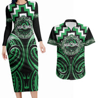 Aotearoa Ngai Tahu Personalised Couples Matching Long Sleeve Bodycon Dress and Hawaiian Shirt Maori Iwi Poutama Puhoro Tattoo LT14 Green - Polynesian Pride