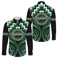 Aotearoa Ngai Tahu Personalised Family Matching Long Sleeve Bodycon Dress and Hawaiian Shirt Maori Iwi Poutama Puhoro Tattoo LT14 Dad's Shirt - Long Sleeve Green - Polynesian Pride