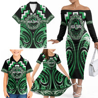 Aotearoa Ngai Tahu Personalised Family Matching Off The Shoulder Long Sleeve Dress and Hawaiian Shirt Maori Iwi Poutama Puhoro Tattoo LT14 - Polynesian Pride