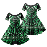 Aotearoa Ngai Tahu Personalised Family Matching Off The Shoulder Long Sleeve Dress and Hawaiian Shirt Maori Iwi Poutama Puhoro Tattoo LT14 Daughter's Dress Green - Polynesian Pride