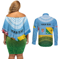 Personalised Malampa Fiji Day Couples Matching Off Shoulder Short Dress and Long Sleeve Button Shirt 10 October Fijian Tapa Flag Style
