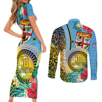 Vanuatu Malampa Fiji Day Couples Matching Short Sleeve Bodycon Dress and Long Sleeve Button Shirt Happy 10 October With Maps Tropical Flowers