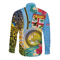 Vanuatu Malampa Fiji Day Long Sleeve Button Shirt Happy 10 October With Maps Tropical Flowers