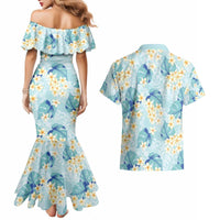 Pastel Cyan Tropical Hawaii Couples Matching Mermaid Dress and Hawaiian Shirt Seamless Monstera Plumeria Hawaiian Pattern - Polynesian Pride