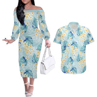Pastel Cyan Tropical Hawaii Couples Matching Off The Shoulder Long Sleeve Dress and Hawaiian Shirt Seamless Monstera Plumeria Hawaiian Pattern - Polynesian Pride