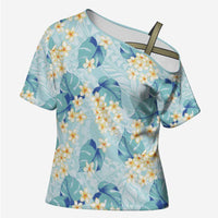 Pastel Cyan Tropical Hawaii Cross Shoulder Shirt Seamless Monstera Plumeria Hawaiian Pattern LT14 Female Pastel Cyan - Polynesian Pride