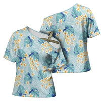 Pastel Cyan Tropical Hawaii Cross Shoulder Shirt Seamless Monstera Plumeria Hawaiian Pattern LT14 - Polynesian Pride
