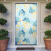 Pastel Cyan Tropical Hawaii Door Cover Seamless Monstera Plumeria Hawaiian Pattern - Polynesian Pride