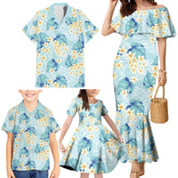 Pastel Cyan Tropical Hawaii Family Matching Mermaid Dress and Hawaiian Shirt Seamless Monstera Plumeria Hawaiian Pattern - Polynesian Pride