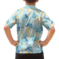 Pastel Cyan Tropical Hawaii Family Matching Short Sleeve Bodycon Dress and Hawaiian Shirt Seamless Monstera Plumeria Hawaiian Pattern - Polynesian Pride