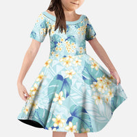 Pastel Cyan Tropical Hawaii Kid Short Sleeve Dress Seamless Monstera Plumeria Hawaiian Pattern - Polynesian Pride