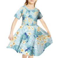 Pastel Cyan Tropical Hawaii Kid Short Sleeve Dress Seamless Monstera Plumeria Hawaiian Pattern - Polynesian Pride