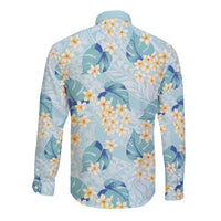 Pastel Cyan Tropical Hawaii Long Sleeve Button Shirt Seamless Monstera Plumeria Hawaiian Pattern LT14 - Polynesian Pride