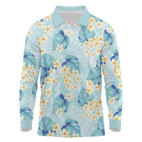 Pastel Cyan Tropical Hawaii Long Sleeve Polo Shirt Seamless Monstera Plumeria Hawaiian Pattern LT14 Pastel Cyan - Polynesian Pride