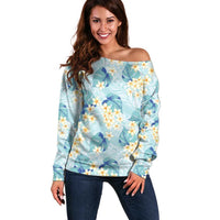 Pastel Cyan Tropical Hawaii Off Shoulder Sweater Seamless Monstera Plumeria Hawaiian Pattern - Polynesian Pride