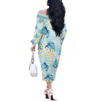 Pastel Cyan Tropical Hawaii Off The Shoulder Long Sleeve Dress Seamless Monstera Plumeria Hawaiian Pattern - Polynesian Pride