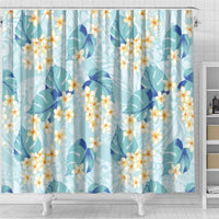 Pastel Cyan Tropical Hawaii Shower Curtain Seamless Monstera Plumeria Hawaiian Pattern - Polynesian Pride
