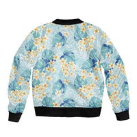 Pastel Cyan Tropical Hawaii Sleeve Zip Bomber Jacket Seamless Monstera Plumeria Hawaiian Pattern LT14 - Polynesian Pride