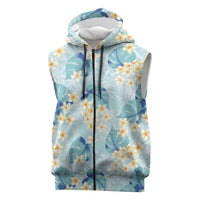 Pastel Cyan Tropical Hawaii Sleeveless Zip Hoodie Seamless Monstera Plumeria Hawaiian Pattern LT14 Pastel Cyan - Polynesian Pride