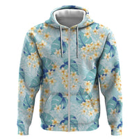 Pastel Cyan Tropical Hawaii Zip Hoodie Seamless Monstera Plumeria Hawaiian Pattern - Polynesian Pride