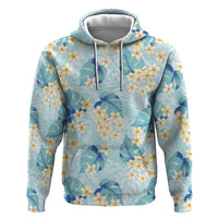 Pastel Cyan Tropical Hawaii Zip Hoodie Seamless Monstera Plumeria Hawaiian Pattern - Polynesian Pride
