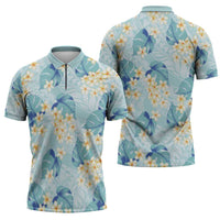 Pastel Cyan Tropical Hawaii Zipper Polo Shirt Seamless Monstera Plumeria Hawaiian Pattern LT14 - Polynesian Pride
