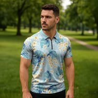 Pastel Cyan Tropical Hawaii Zipper Polo Shirt Seamless Monstera Plumeria Hawaiian Pattern LT14 - Polynesian Pride