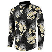 Black Tropical Hawaii Button Sweatshirt Seamless Monstera Plumeria Hawaiian Pattern LT14 - Polynesian Pride