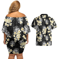 Black Tropical Hawaii Couples Matching Off Shoulder Short Dress and Hawaiian Shirt Seamless Monstera Plumeria Hawaiian Pattern - Polynesian Pride