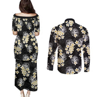 Black Tropical Hawaii Couples Matching Puletasi and Long Sleeve Button Shirt Seamless Monstera Plumeria Hawaiian Pattern LT14 - Polynesian Pride