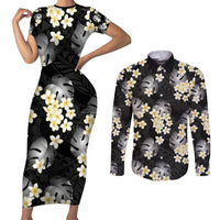 Black Tropical Hawaii Couples Matching Short Sleeve Bodycon Dress and Long Sleeve Button Shirt Seamless Monstera Plumeria Hawaiian Pattern - Polynesian Pride