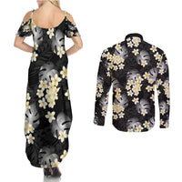 Black Tropical Hawaii Couples Matching Summer Maxi Dress and Long Sleeve Button Shirt Seamless Monstera Plumeria Hawaiian Pattern - Polynesian Pride
