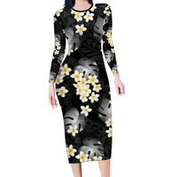 Black Tropical Hawaii Family Matching Long Sleeve Bodycon Dress and Hawaiian Shirt Seamless Monstera Plumeria Hawaiian Pattern - Polynesian Pride