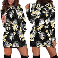 Black Tropical Hawaii Hoodie Dress Seamless Monstera Plumeria Hawaiian Pattern - Polynesian Pride
