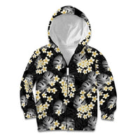 Black Tropical Hawaii Kid Hoodie Seamless Monstera Plumeria Hawaiian Pattern - Polynesian Pride