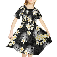 Black Tropical Hawaii Kid Short Sleeve Dress Seamless Monstera Plumeria Hawaiian Pattern - Polynesian Pride