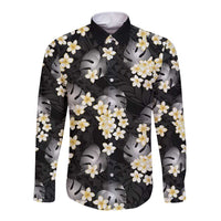 Black Tropical Hawaii Long Sleeve Button Shirt Seamless Monstera Plumeria Hawaiian Pattern LT14 Unisex Black - Polynesian Pride