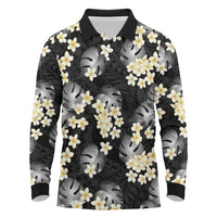 Black Tropical Hawaii Long Sleeve Polo Shirt Seamless Monstera Plumeria Hawaiian Pattern LT14 Black - Polynesian Pride
