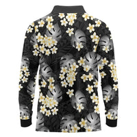 Black Tropical Hawaii Long Sleeve Polo Shirt Seamless Monstera Plumeria Hawaiian Pattern LT14 - Polynesian Pride