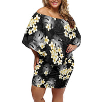 Black Tropical Hawaii Off Shoulder Short Dress Seamless Monstera Plumeria Hawaiian Pattern - Polynesian Pride