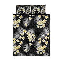 Black Tropical Hawaii Quilt Bed Set Seamless Monstera Plumeria Hawaiian Pattern - Polynesian Pride