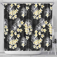 Black Tropical Hawaii Shower Curtain Seamless Monstera Plumeria Hawaiian Pattern - Polynesian Pride