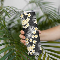 Black Tropical Hawaii Skinny Tumbler Seamless Monstera Plumeria Hawaiian Pattern - Polynesian Pride